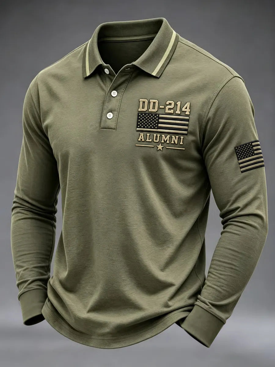 Men's Veterans Day DD-214 Alumni US Flag Print Casual Long Sleeve Polo