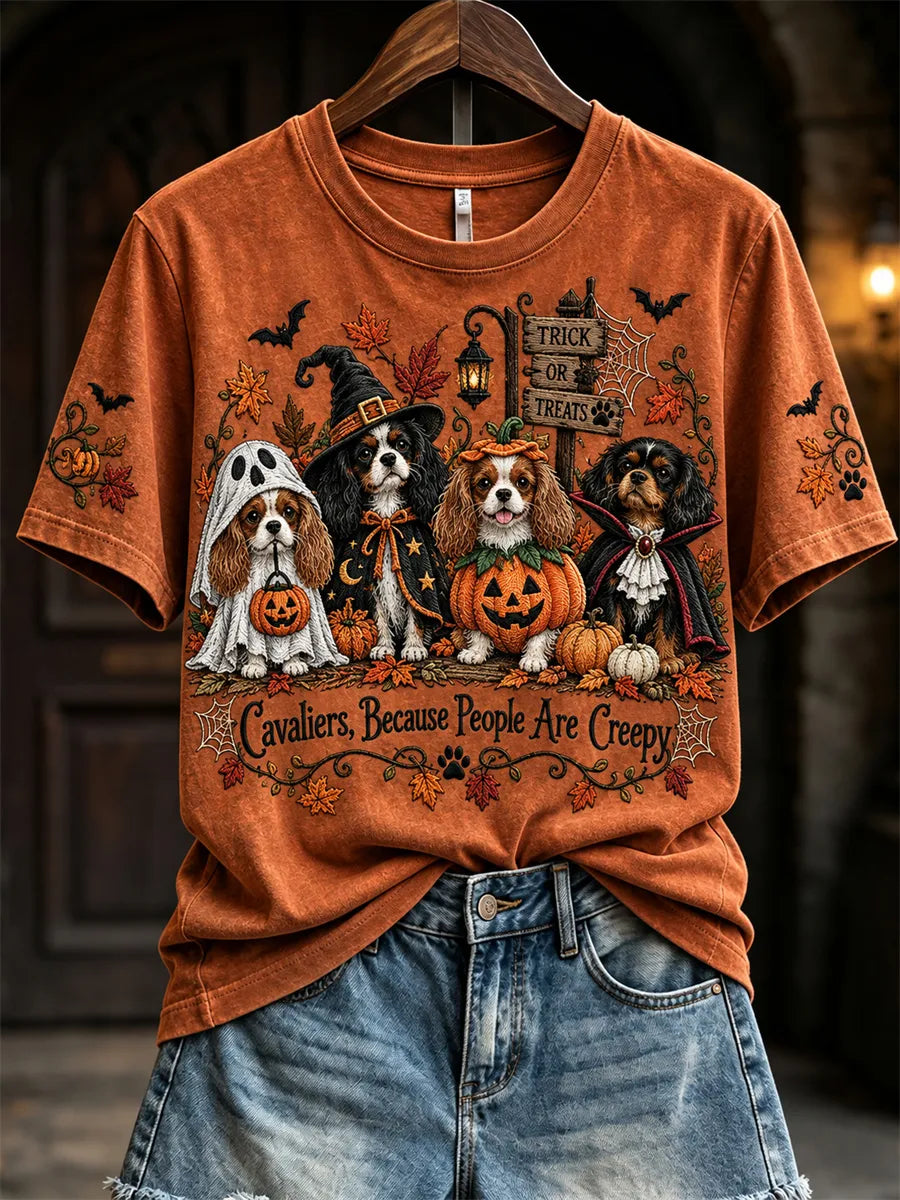 Women's Cavaliers Because People Are Creepy Fall Halloween Dogs Print short-sleeved T-shirt