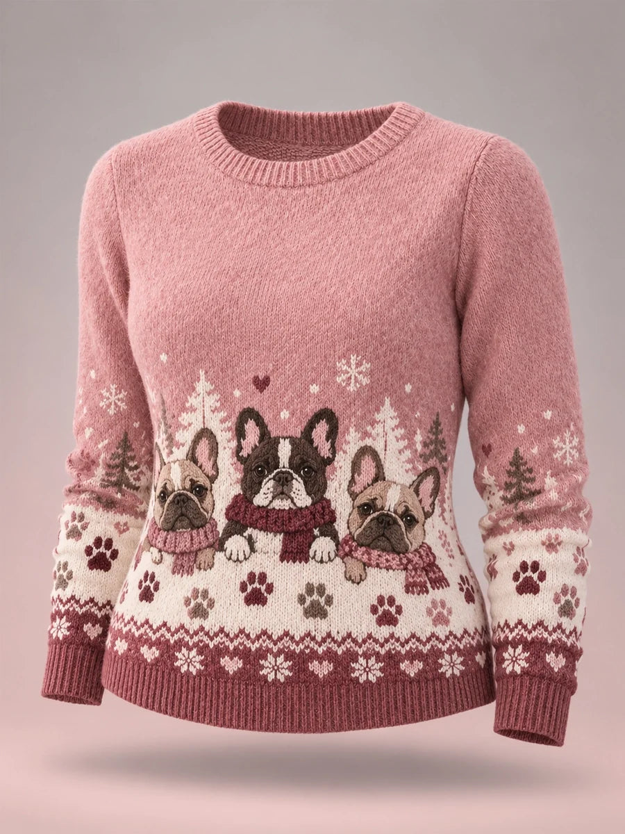 Women's Cute Winter Dog Print Long-Sleeve Knit Top