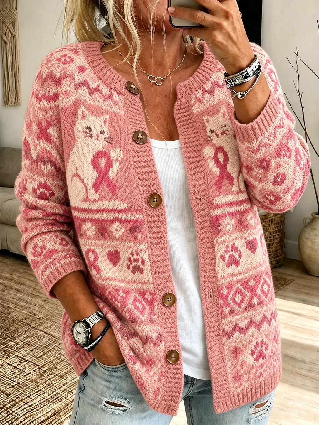 Women's Breast Cancer Awareness "Wear Pink For Myself" Graphic Print Cardigan