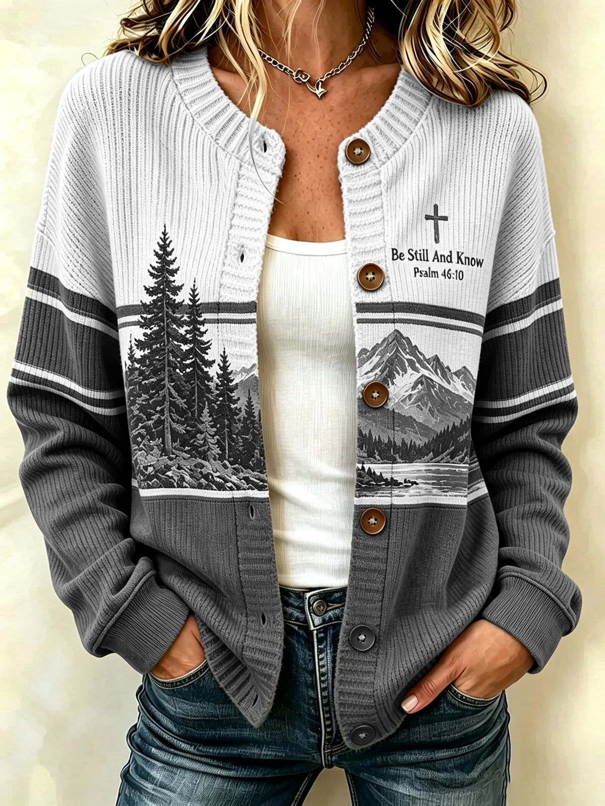 Women's Be Still And Know Psalm 46:10 Print Knit Cardigan