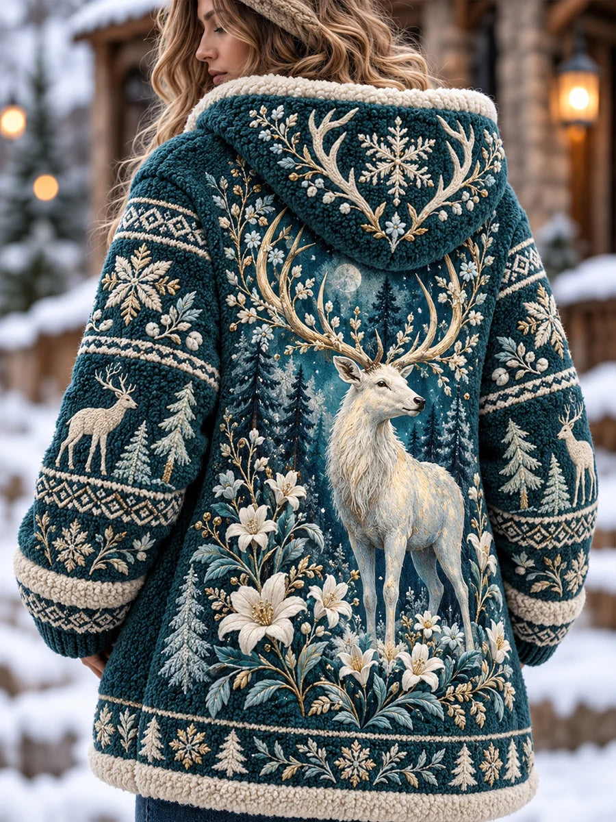 Women's Nordic Forest Animal Mid-Length Hooded Jacket