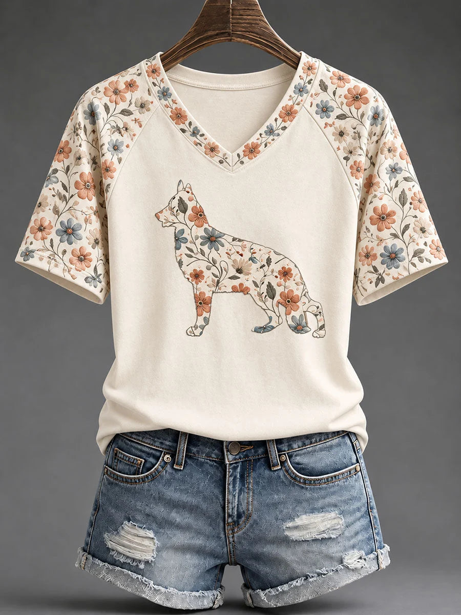 Women's Sheepdog Floral Print Casual T-Shirt