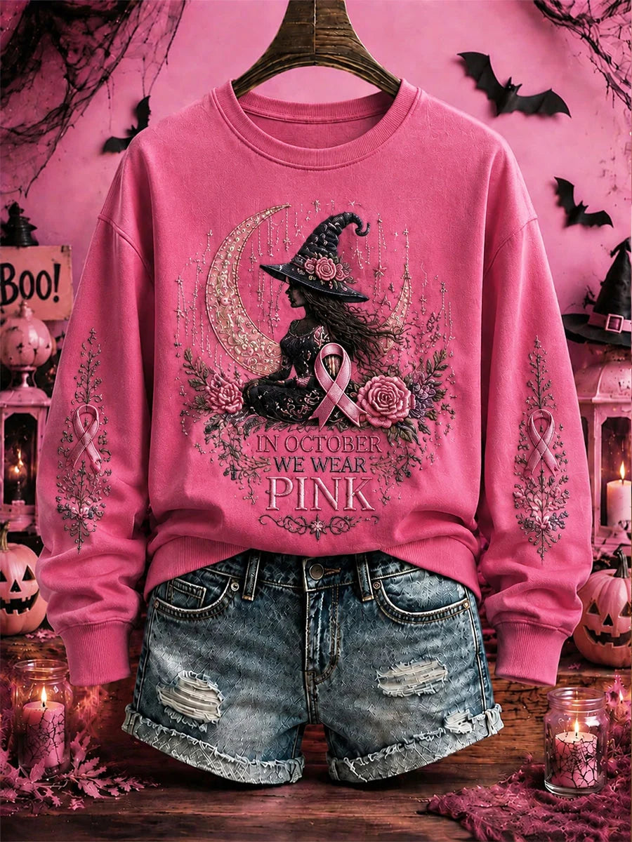 Women's Breast Cancer Awareness Halloween Witch-Themed Casual Regular Sweatshirt