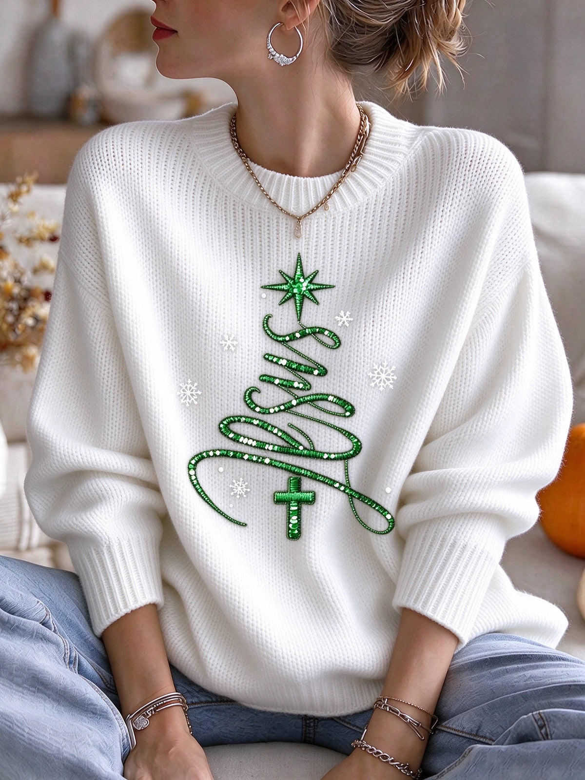 Women's Christmas Faith Print Casual Knit Top
