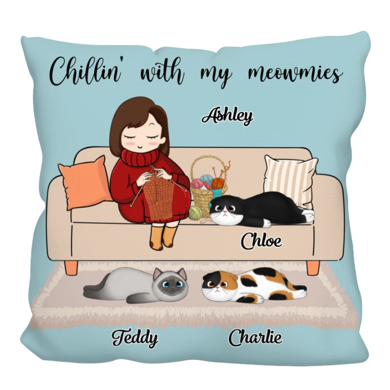 Girl With Lazy Cat Pillow