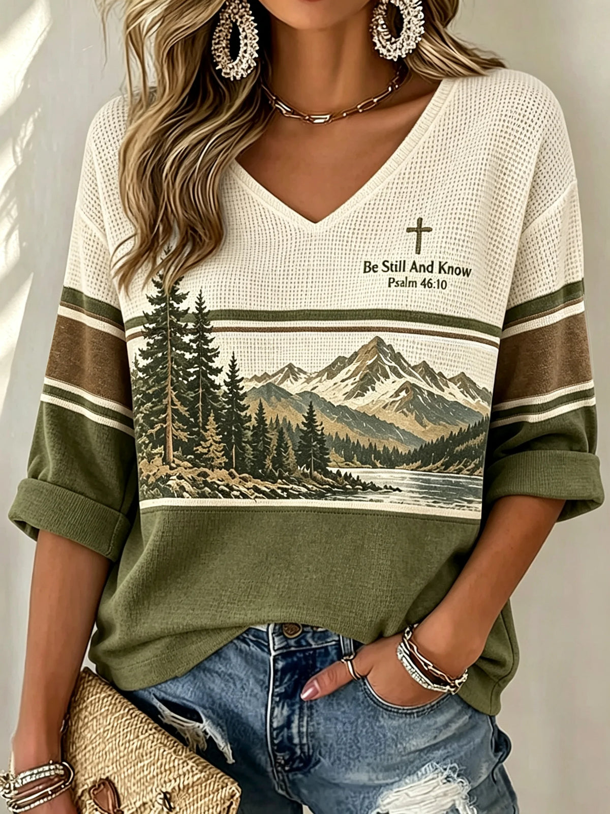 Women's Be Still And Know Psalm 46:10 Print Waffle-Knit Top