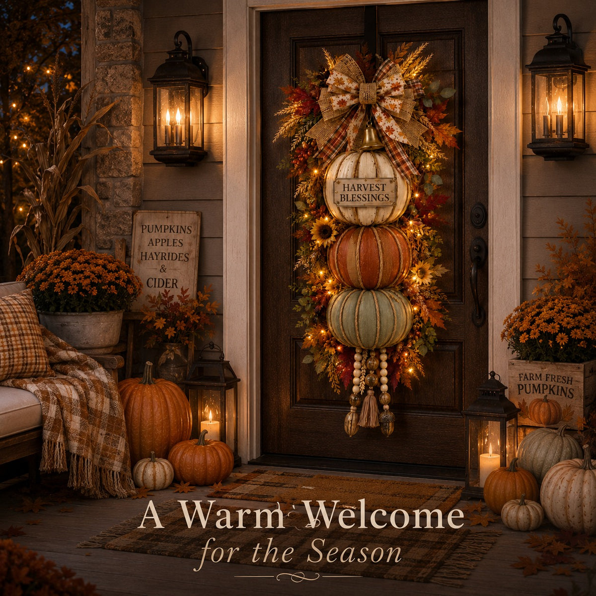 Lighted Stacked Pumpkin Door Hanger – Fall & Thanksgiving Porch Decor