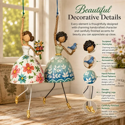 🌸 Hand-Painted Dancing Lady Hanging Ornament — Whimsical Folk Art That Danced Off the Page | Handcrafted Floral Bell-Skirt, Wire Legs & Little Songbird Charm | Charming Decor for Porch, Sunroom, Nursery & Reading Nook