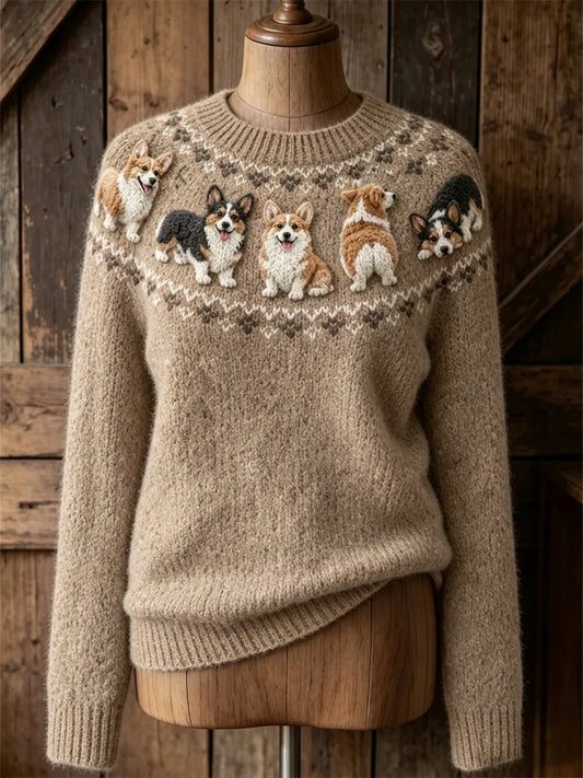Women's Vintage Lovely Corgi Dogs Yoke Isle Print crew neck sweater