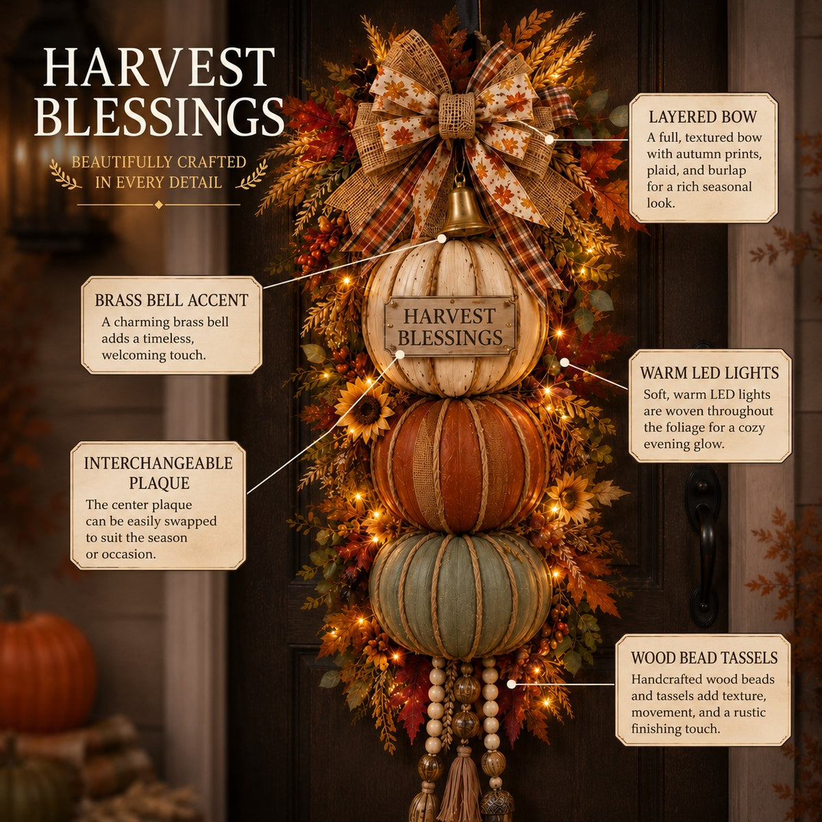 Lighted Stacked Pumpkin Door Hanger – Fall & Thanksgiving Porch Decor