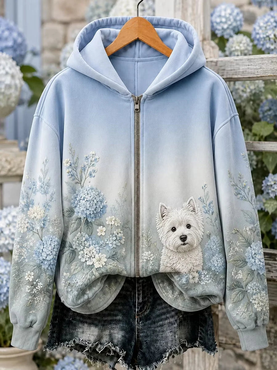 Women's Floral Dog Zip-Up Hoodie