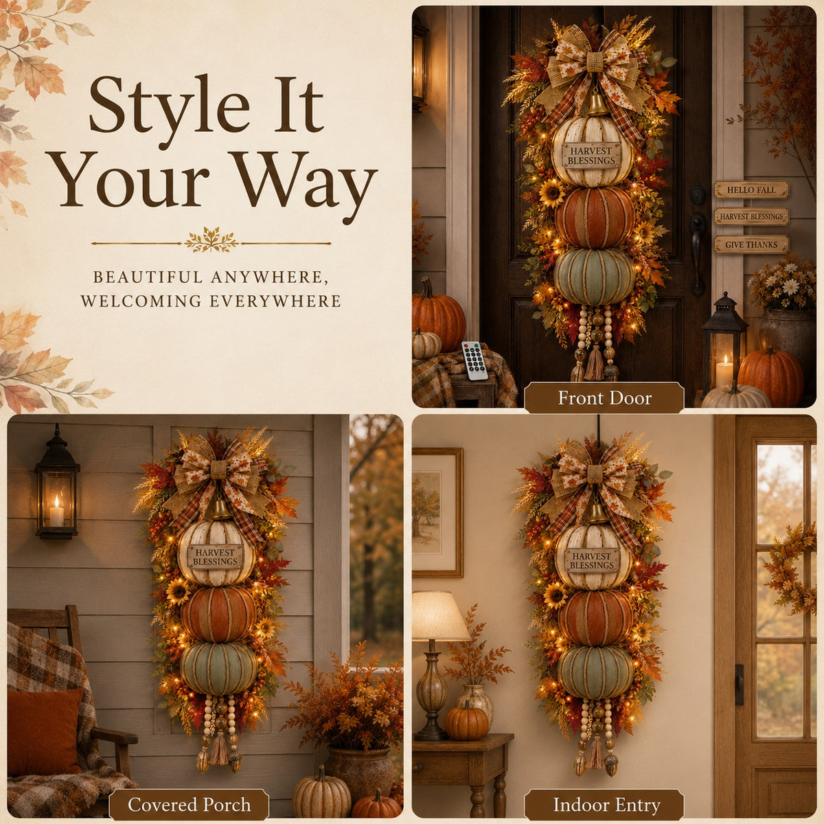 Lighted Stacked Pumpkin Door Hanger – Fall & Thanksgiving Porch Decor