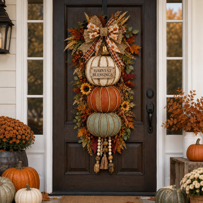 Lighted Stacked Pumpkin Door Hanger – Fall & Thanksgiving Porch Decor