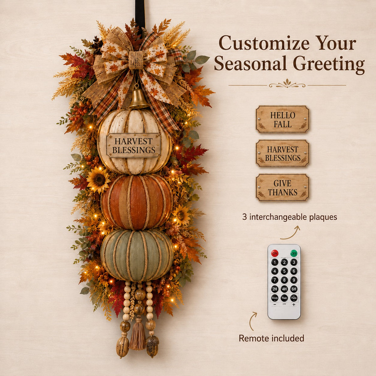 Lighted Stacked Pumpkin Door Hanger – Fall & Thanksgiving Porch Decor