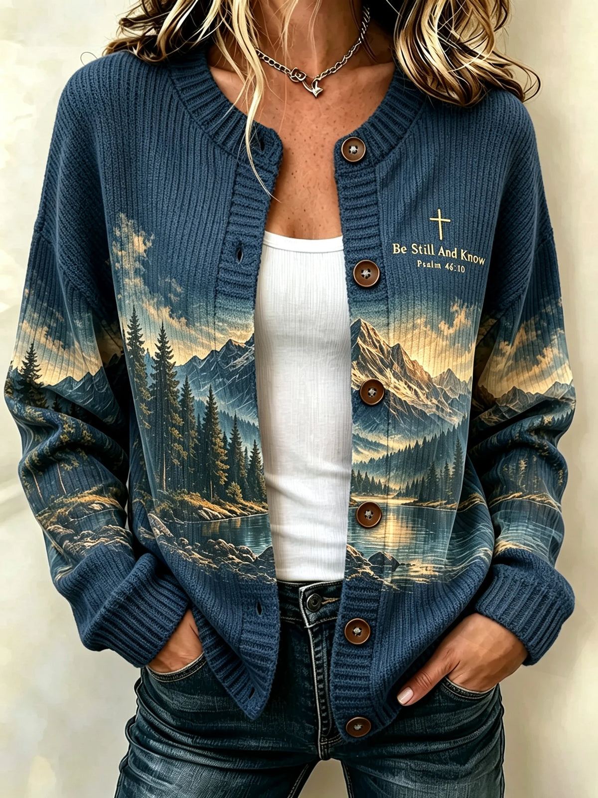 Women's Be Still And Know Psalm 46:10 Print Knit Cardigan