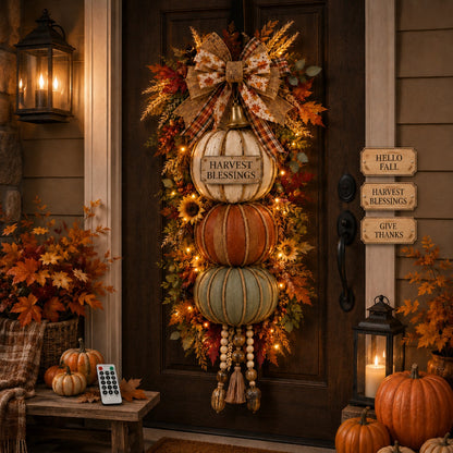 Lighted Stacked Pumpkin Door Hanger – Fall & Thanksgiving Porch Decor