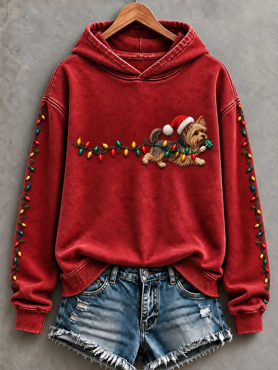 Women's Christmas Lights Yorkshire Terrier Print Regular Sweatshirt