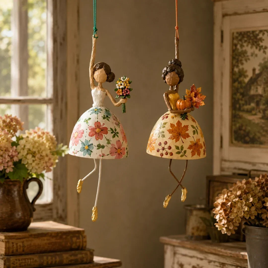 🌸 Hand-Painted Dancing Lady Hanging Ornament — Whimsical Folk Art That Danced Off the Page | Handcrafted Floral Bell-Skirt, Wire Legs & Little Songbird Charm | Charming Decor for Porch, Sunroom, Nursery & Reading Nook