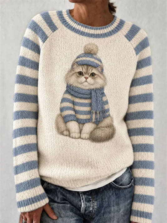 Women's Cute Winter Cat Print Knit Top