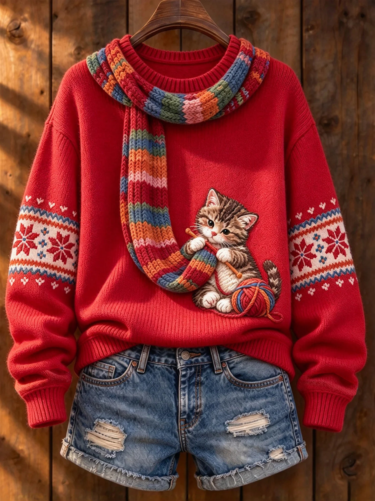 Women's Cute Winter Cat Print Long-Sleeve Knit Top