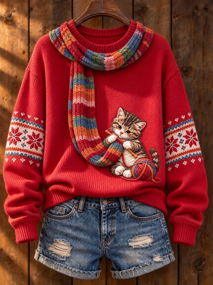 Women's Cute Winter Cat Print Long-Sleeve Knit Top