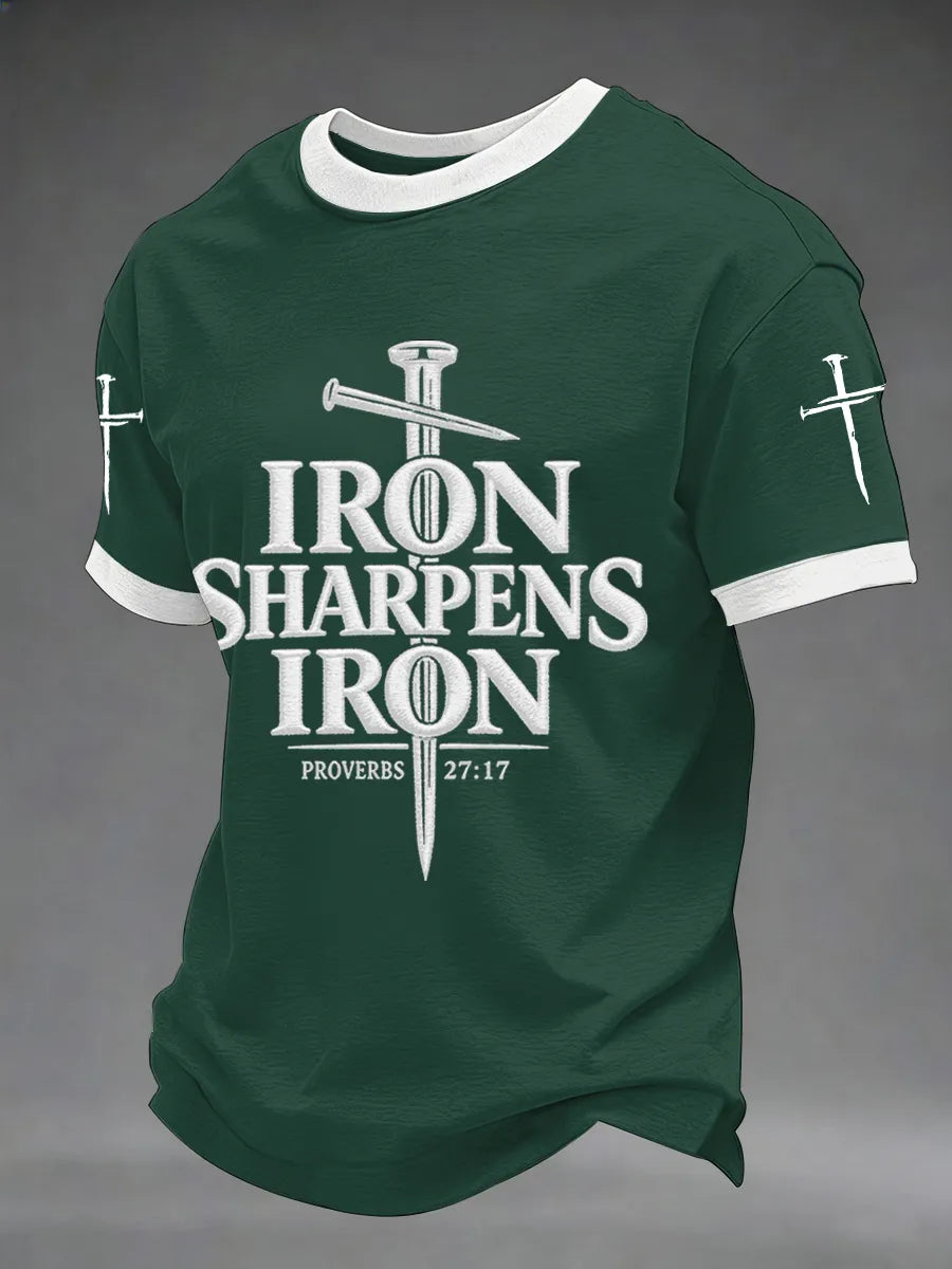 Men's Iron Sharpens Iron Proverbs 27:17 Christian Cross Print Casual Tee