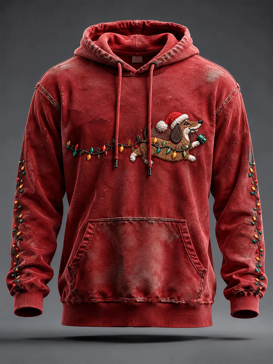 Men's Christmas Light Dachshund Print Oversized Drop-Shoulder Hoodie With Pockets