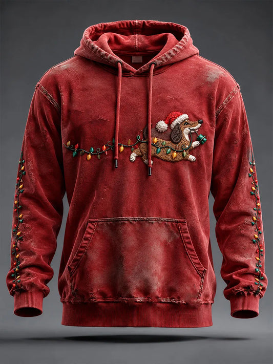 Men's Christmas Light Dachshund Print Oversized Drop-Shoulder Hoodie With Pockets