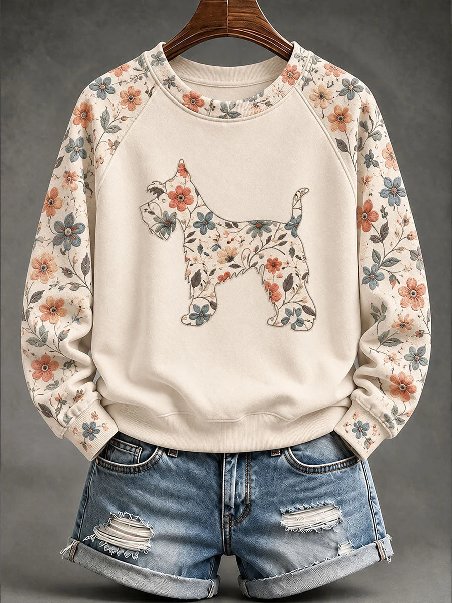 Women's Schnauzer Floral Print Casual Raglan Sleeve Sweatshirt