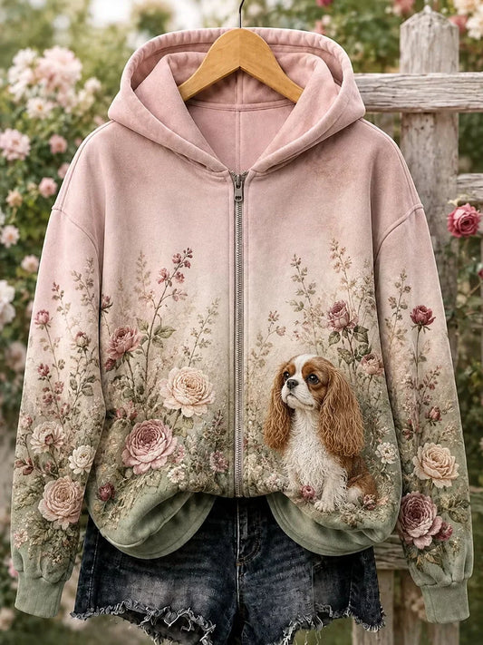 Women's Floral Dog Zip-Up Hoodie