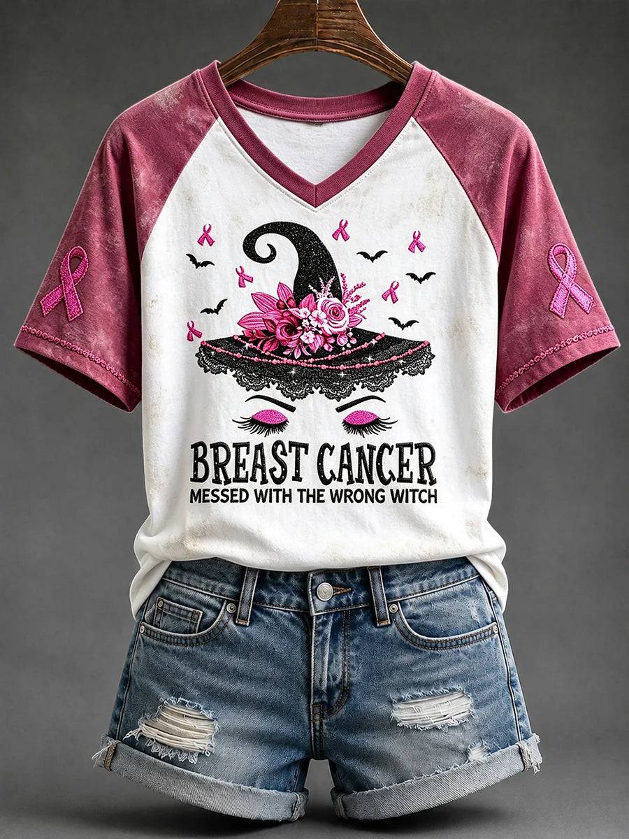 Women's Breast Cancer Messed With The Wrong Witch Print V-neck Short-sleeved T-shirt