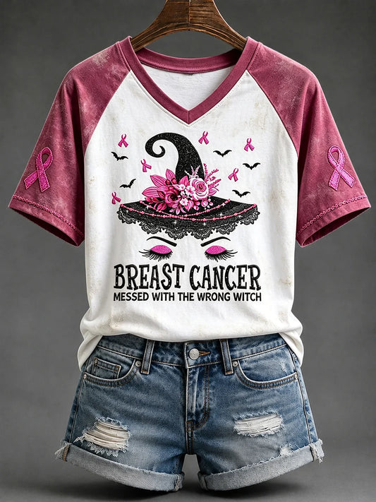 Women's Breast Cancer Messed With The Wrong Witch Print V-neck Short-sleeved T-shirt