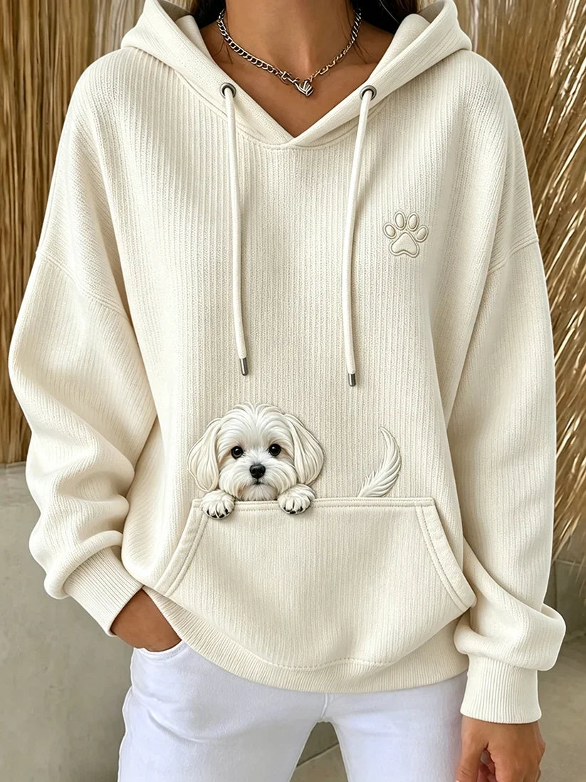 Women's Cute Peeking Maltese Dog & Paw Printed Casual Hoodie