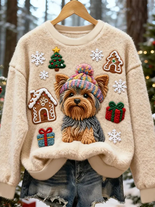 Women's Cute Christmas Dog Art Print Casual Flannel Sweater