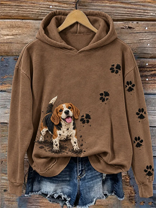 Women's Happy But Dirty Beagle Dog & Paw Prints Print Cozy Hoodie