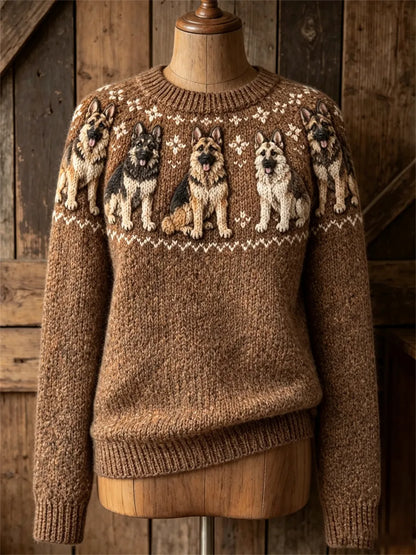 Women's Vintage German Shepherd Dogs Yoke Isle Print Cozy crew neck sweater