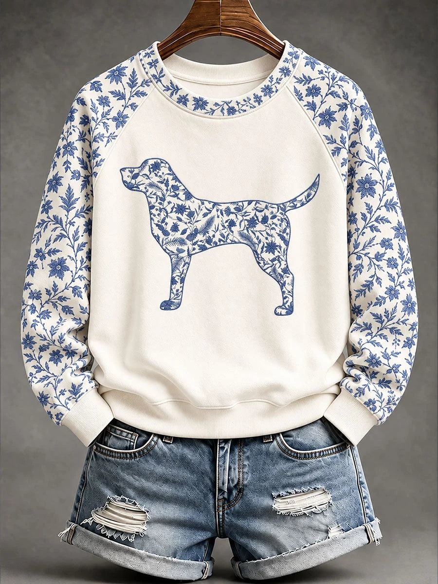 Women's Labrador Retriever Chinese-style floral print sweatshirt
