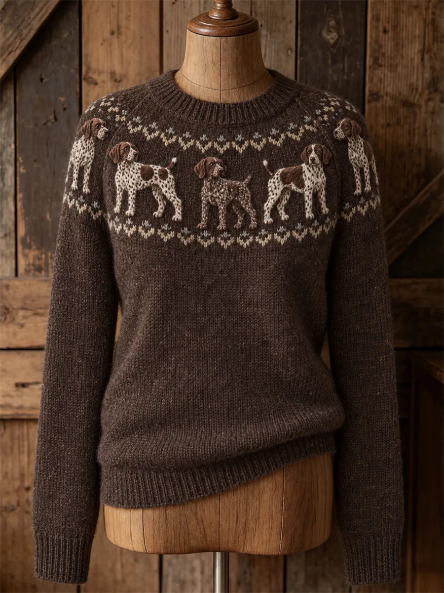 Women's Vintage German Shorthaired Pointer Dogs Yoke Isle Print crew neck sweater