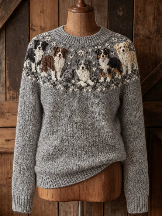 Women's Vintage Border Collie Dogs Yoke Isle Print crew neck sweater