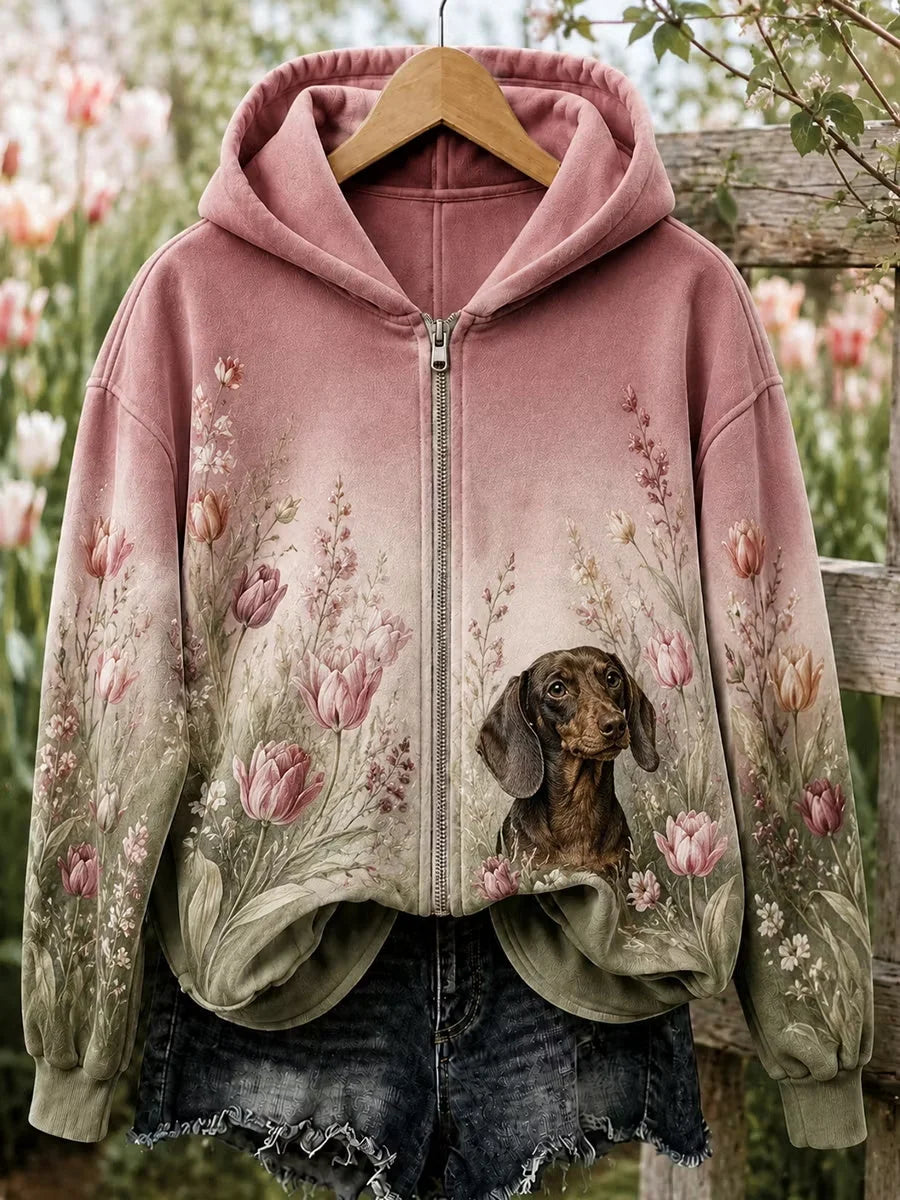 Women's Floral Dog Zip-Up Hoodie