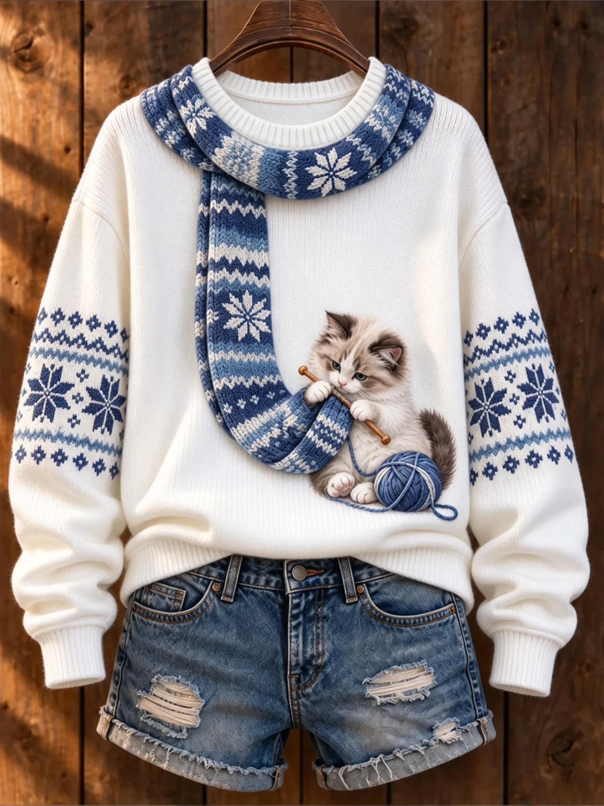 Women's Cute Winter Cat Print Long-Sleeve Knit Top