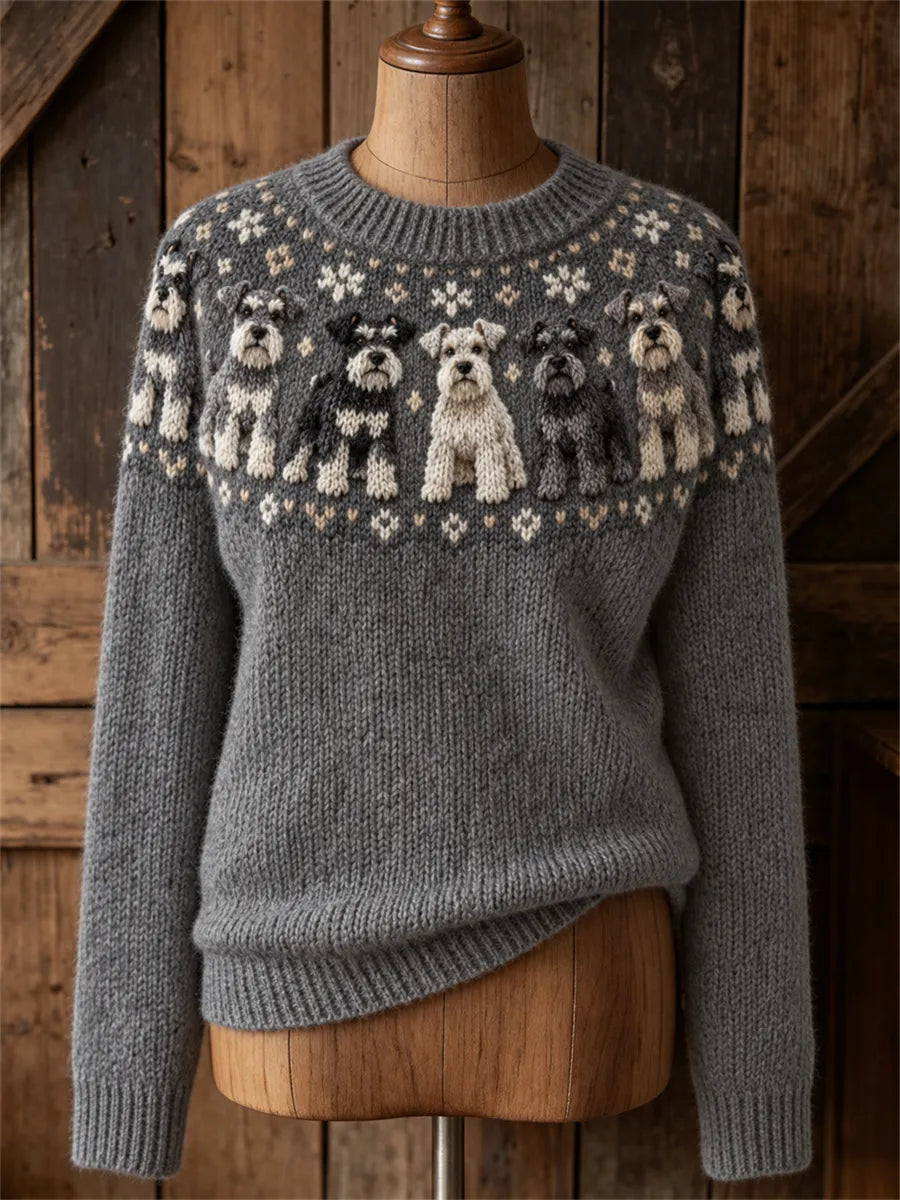 Women's Vintage Schnauzer Dogs Yoke Isle Print Cozy crew neck sweater
