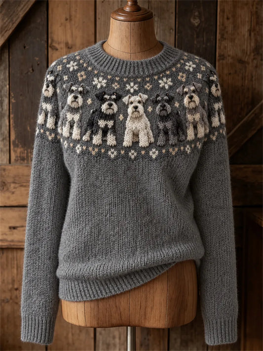 Women's Vintage Schnauzer Dogs Yoke Isle Print Cozy crew neck sweater