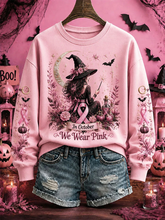 Women's Breast Cancer Awareness Halloween Witch-Themed Casual Regular Sweatshirt