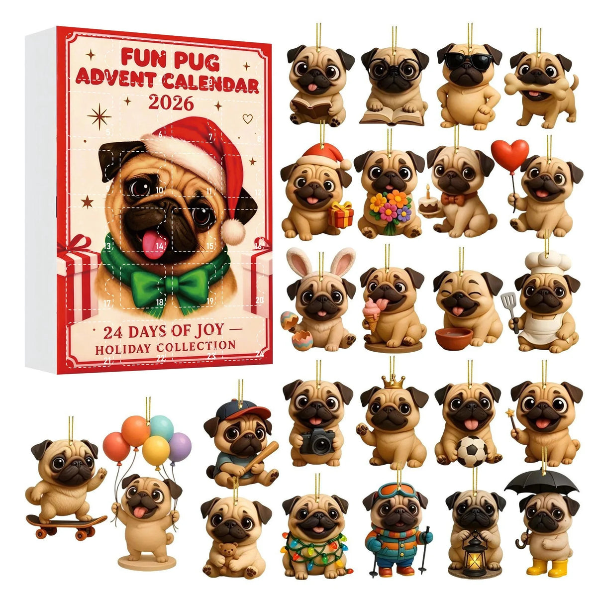 2026 Pug Christmas Ornament Advent Calendar (24-Piece Set) Blind Box