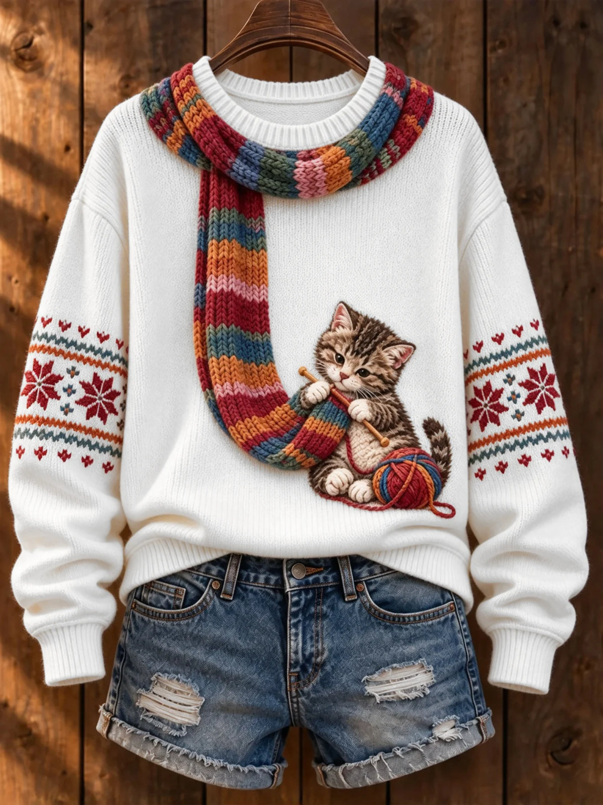 Women's Cute Winter Cat Print Long-Sleeve Knit Top