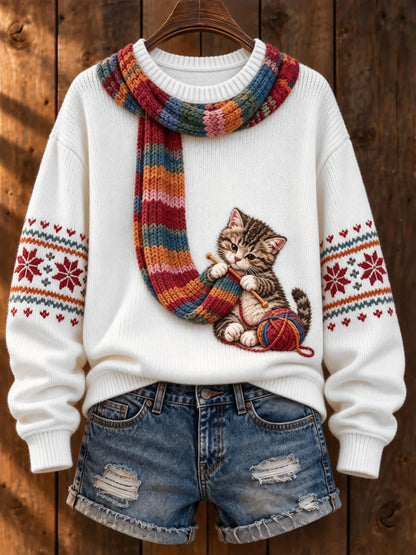 Women's Cute Winter Cat Print Long-Sleeve Knit Top