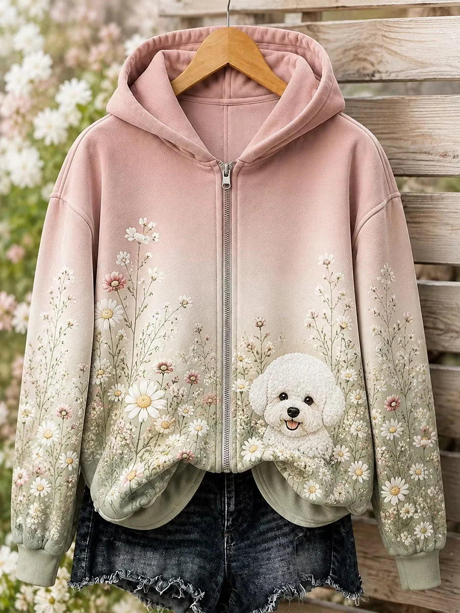 Women's Floral Dog Zip-Up Hoodie
