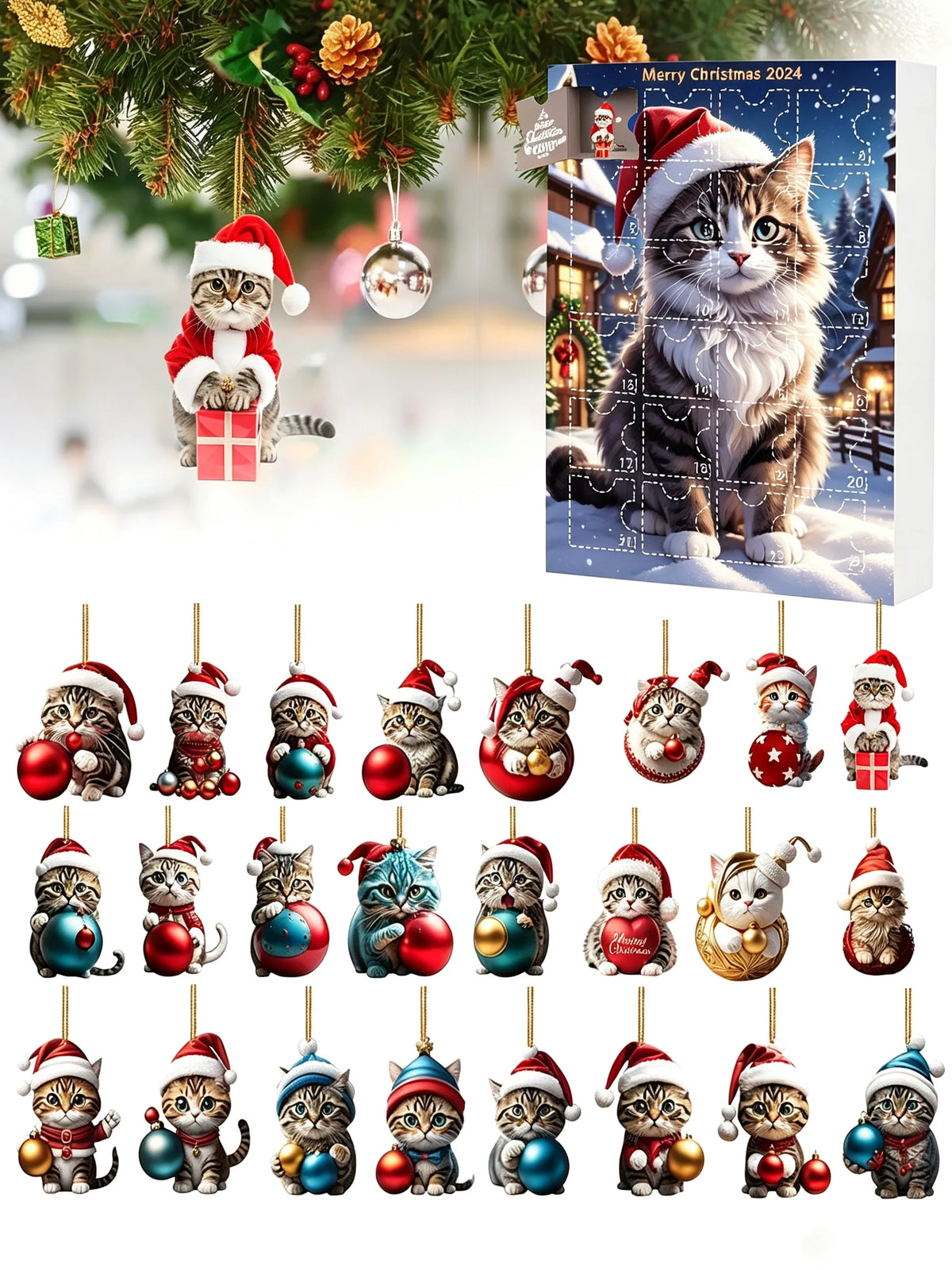 2026 Cats Advent Calendar, Advent Calendar 2026, Countdown for Cats Christmas 24 Days Christmas Advent Calendar with Hanging Decoration for Cats in 2D Acrylic（2D Acrylic Flat）
